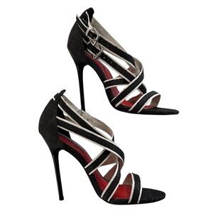 CHARLES JOURDAN Paris Stiletto‎ Heel Criss Cross Strappy Black White Rattan 7M